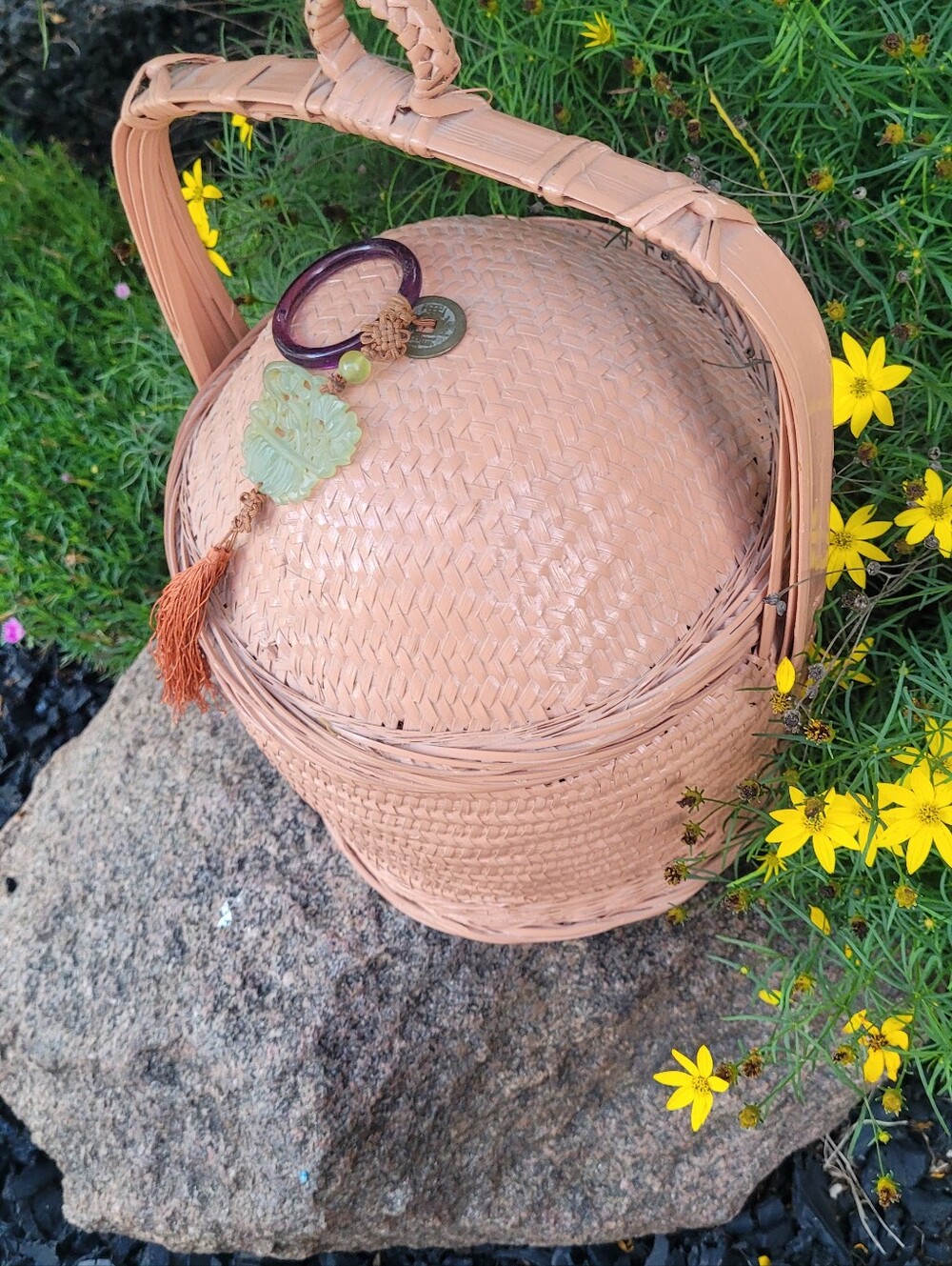 Vintage Chinese Woven Wedding Basket in Light Coral W/ Jade Pendant